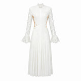 Chiara White Lace Panel Pleated Midi Dress