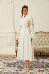 Chiara White Lace Panel Pleated Midi Dress