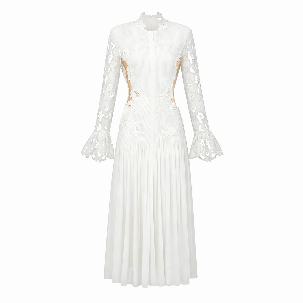 Chiara White Lace Panel Pleated Midi Dress