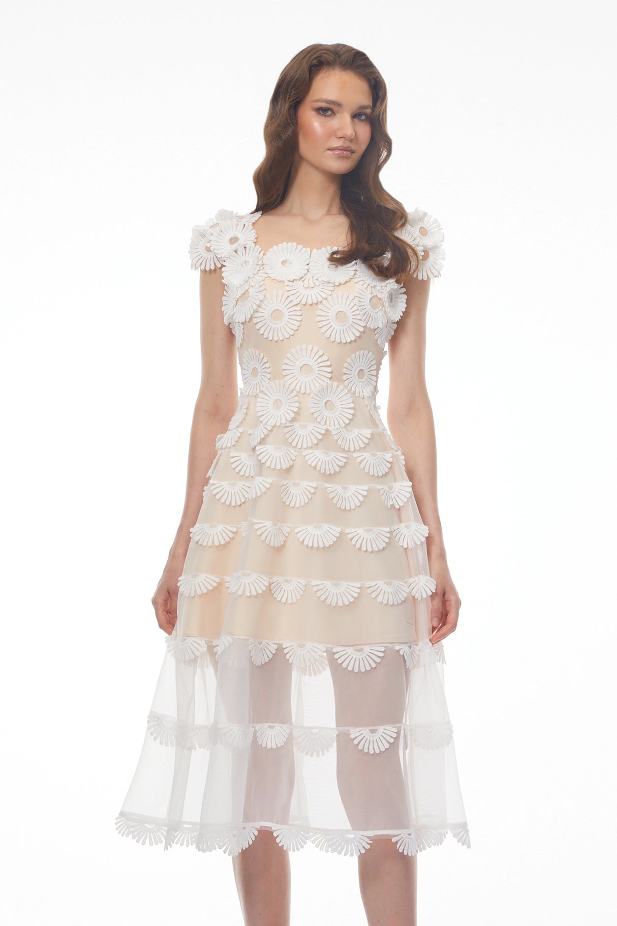 Chiara White Midi Dress with 3D Florals