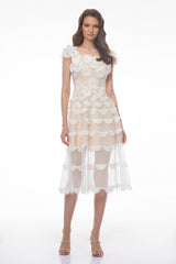 Chiara White Midi Dress with 3D Florals