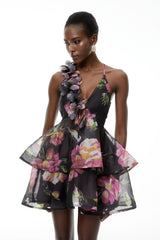 Chione Black Floral Applique Backless Mini Dress