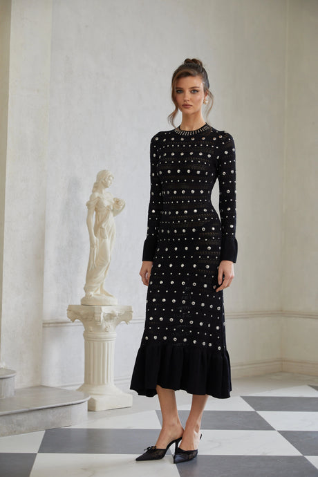 Chloé Black Long Sleeve Studded Crochet Knit Midi dress