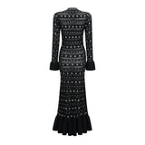 Chloé Black Long Sleeve Studded Crochet Knit Midi dress
