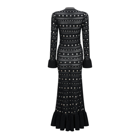 Chloé Black Long Sleeve Studded Crochet Knit Midi dress