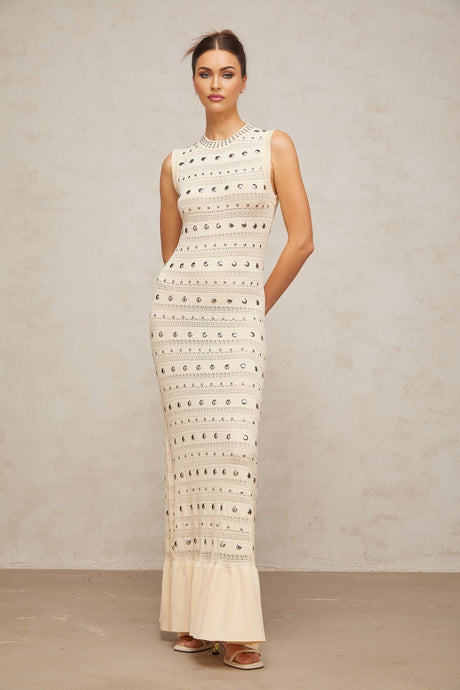 Chloe maxi dress in neutral tones with crochet knit design and studded embellishments