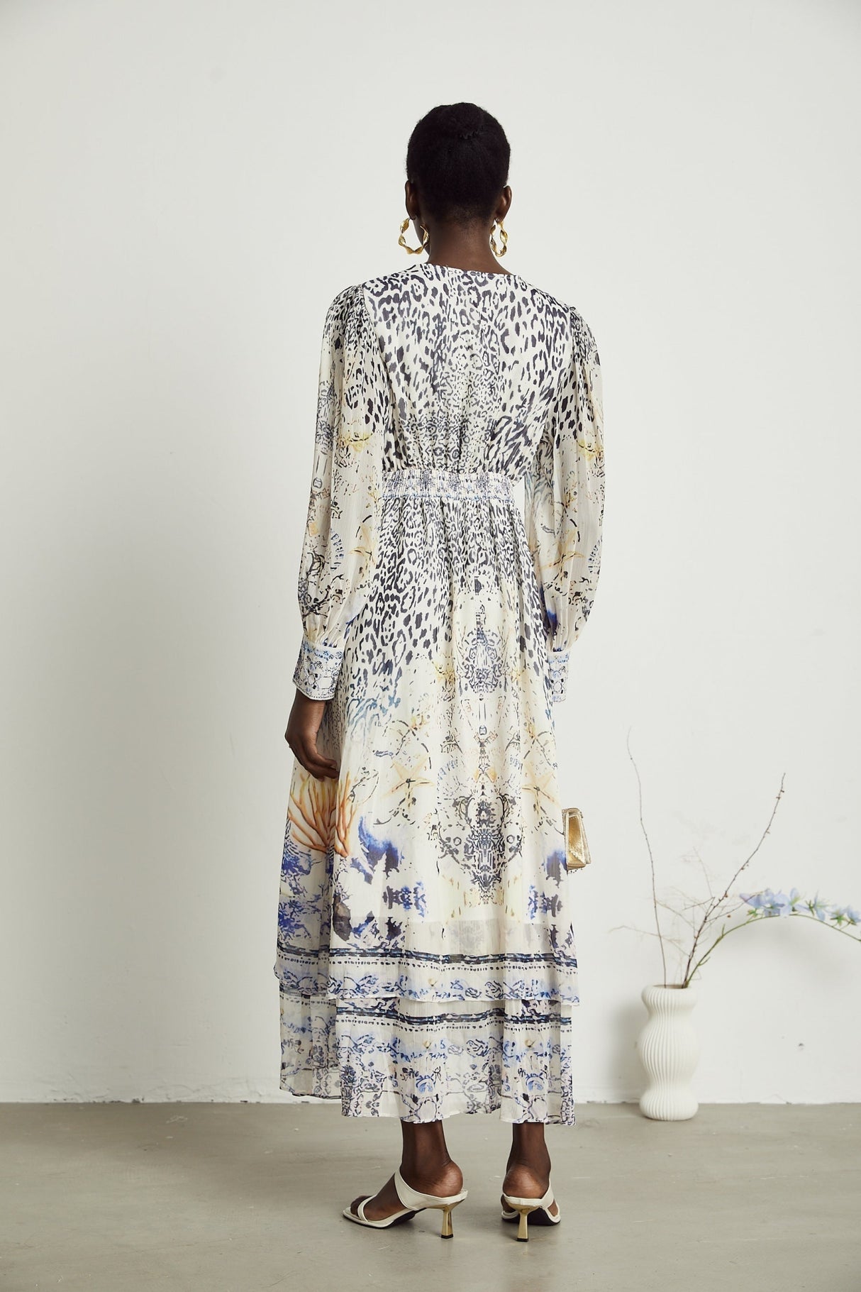 Chloe Maxi Dress - Plunging V - Neck - Long Blouson Sleeves - Double Ruffle Hem - Front Button Fastening