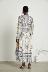 Chloe Maxi Dress - Plunging V - Neck - Long Blouson Sleeves - Double Ruffle Hem - Front Button Fastening