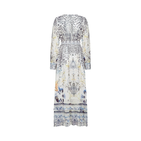Chloe Maxi Dress - Plunging V - Neck - Long Blouson Sleeves - Double Ruffle Hem - Front Button Fastening