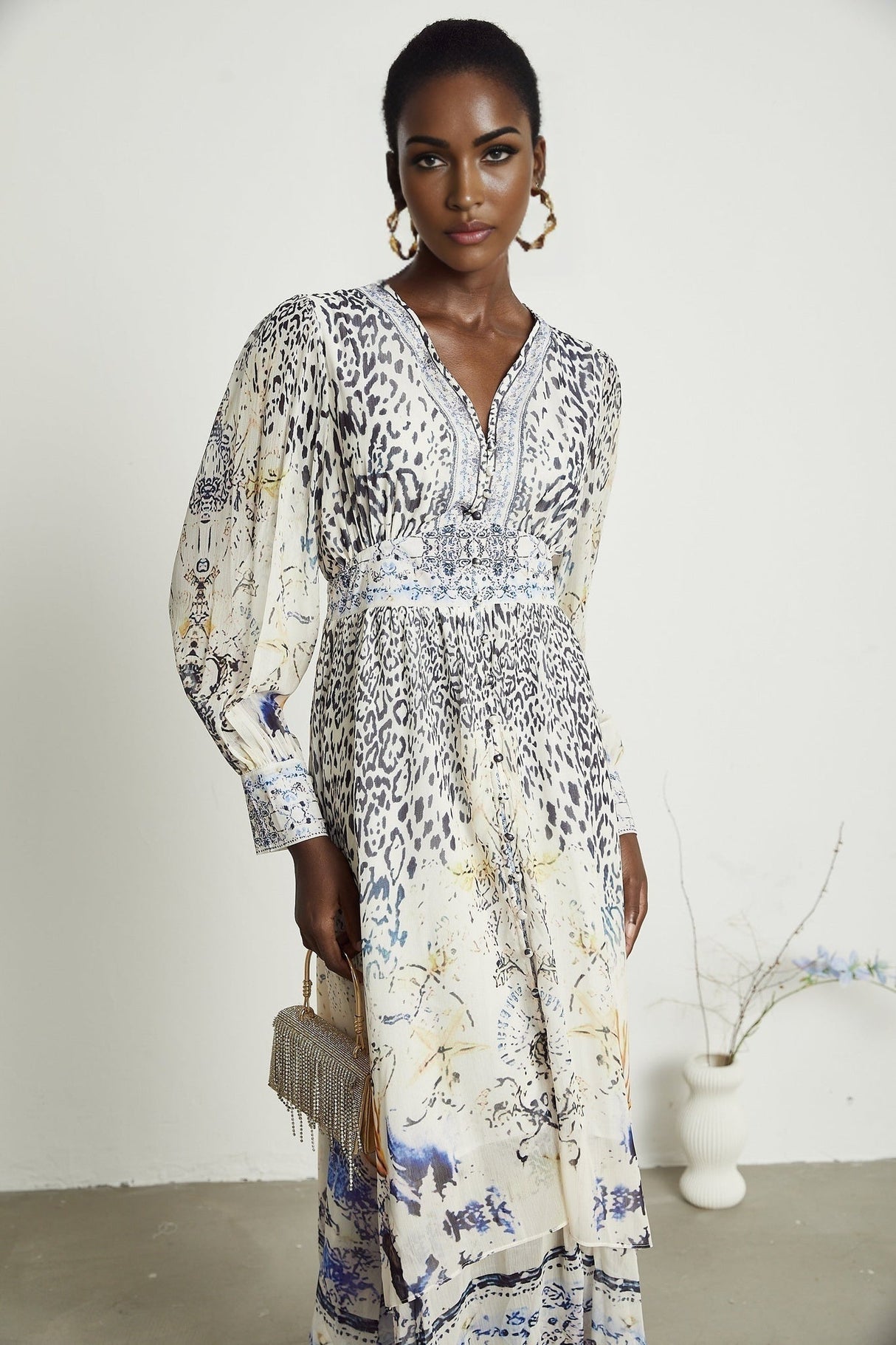 Chloe Maxi Dress - Plunging V - Neck - Long Blouson Sleeves - Double Ruffle Hem - Front Button Fastening