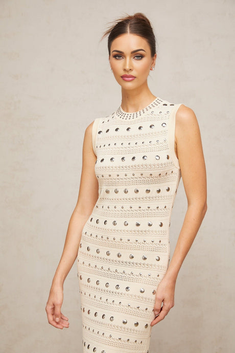 Chloe neutral colored long maxi dress with crochet knit pattern and studded details