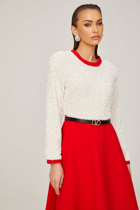 Chloé red longsleeve sequined patchwork midi dress