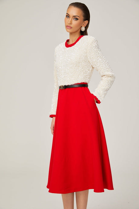 Chloé red longsleeve sequined patchwork midi dress