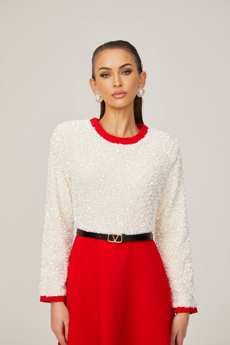 Chloé red longsleeve sequined patchwork midi dress