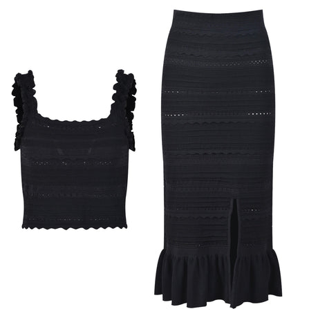 Chloe Top & Skirt Set - Body - Hugging Silhouette - Textured Fabric - Ruffled Details - Cut - Out Slit - Timeless Chic