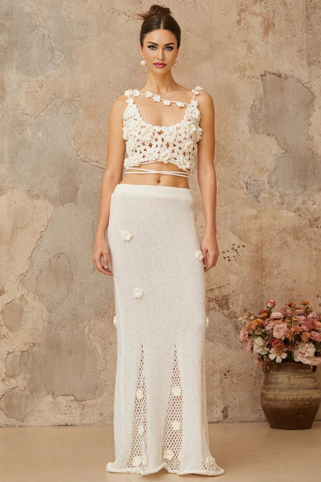 Chloe Top & Skirt Set Floral Crochet Appliqu Cut - Out Design White Elegance