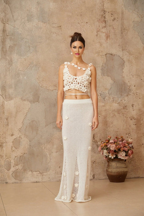 Chloe Top & Skirt Set Floral Crochet Appliqu Cut - Out Design White Elegance