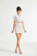 Chloe Tweed Outfit - Cropped Top with Lapels - Short Sleeves - Button Fastening - Mini Skirt with Side Zip - Straight Hem - Chic Matching Set