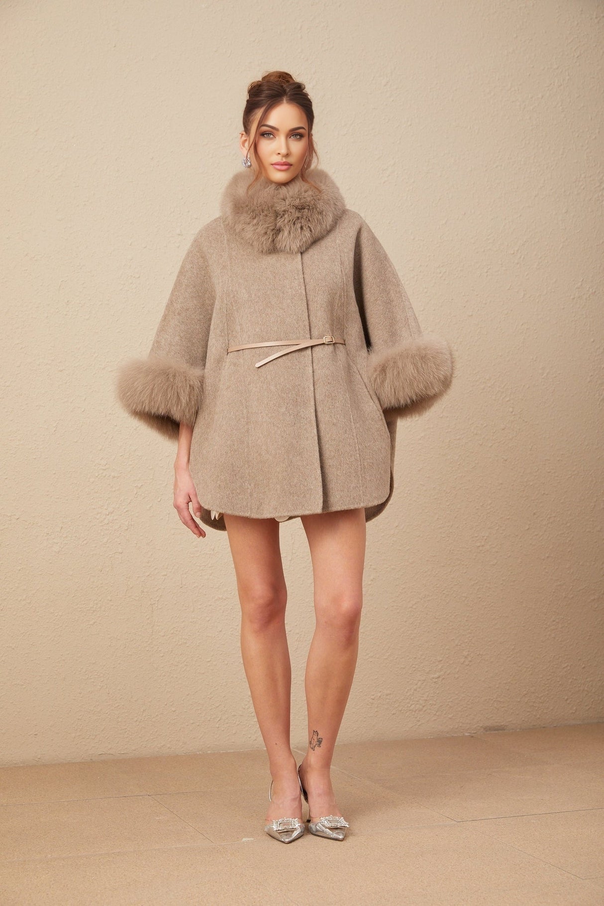 Chloris brown wool coat with fur trim and belt featuring a cape style design