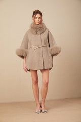 Chloris brown wool coat with fur trim and belt featuring a cape style design