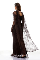 Christa Brown Floral Lace Maxi Dress with Cape