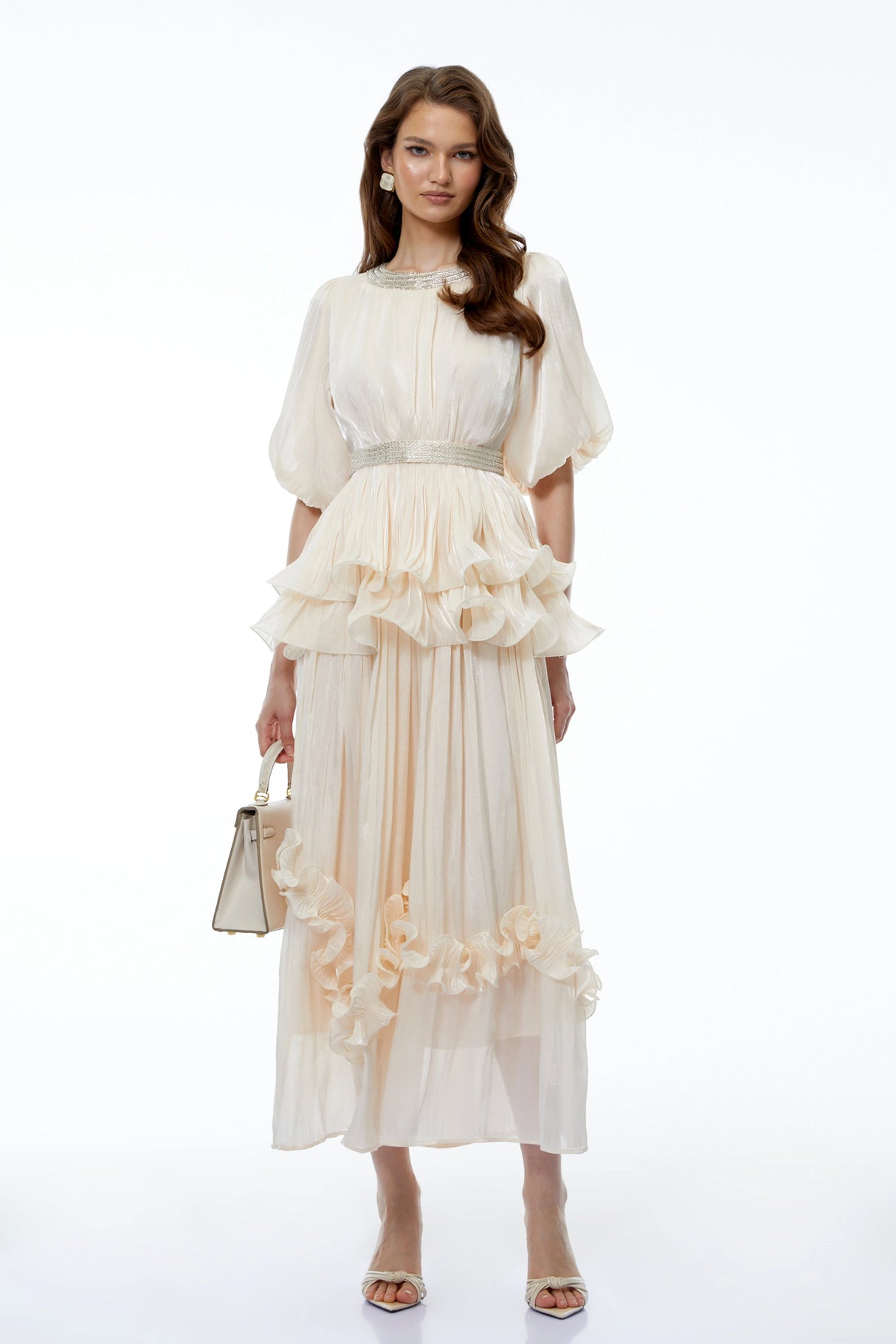 Chryseis Cream Round Neck Ruffled Maxi Dress