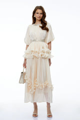 Chryseis Cream Round Neck Ruffled Maxi Dress