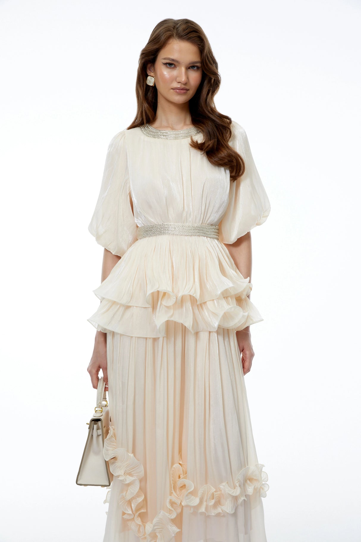 Chryseis Cream Round Neck Ruffled Maxi Dress