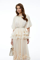 Chryseis Cream Round Neck Ruffled Maxi Dress