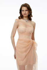 Ciel Neutral Asymmetrical Slit Ruched Maxi Dress