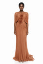 Cíntia Camel Ruched Maxi Dress with 3D Florals