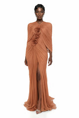 Cíntia Camel Ruched Maxi Dress with 3D Florals