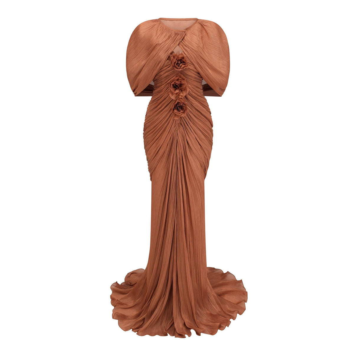 Cíntia Camel Ruched Maxi Dress with 3D Florals