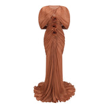 Cíntia Camel Ruched Maxi Dress with 3D Florals