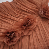 Cíntia Camel Ruched Maxi Dress with 3D Florals