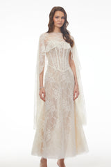 Cinzia Beige Sweetheart Lace Maxi Dress
