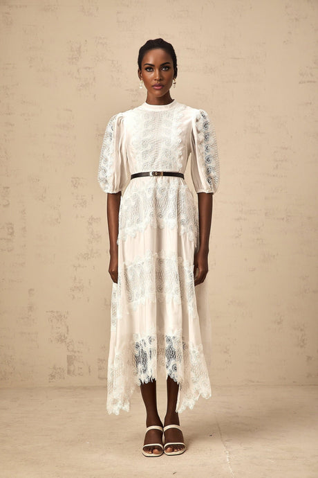 Cinzia Midi Dress - Crew Neck - Half Puff Sleeves - Belted Waist - Lace Trim