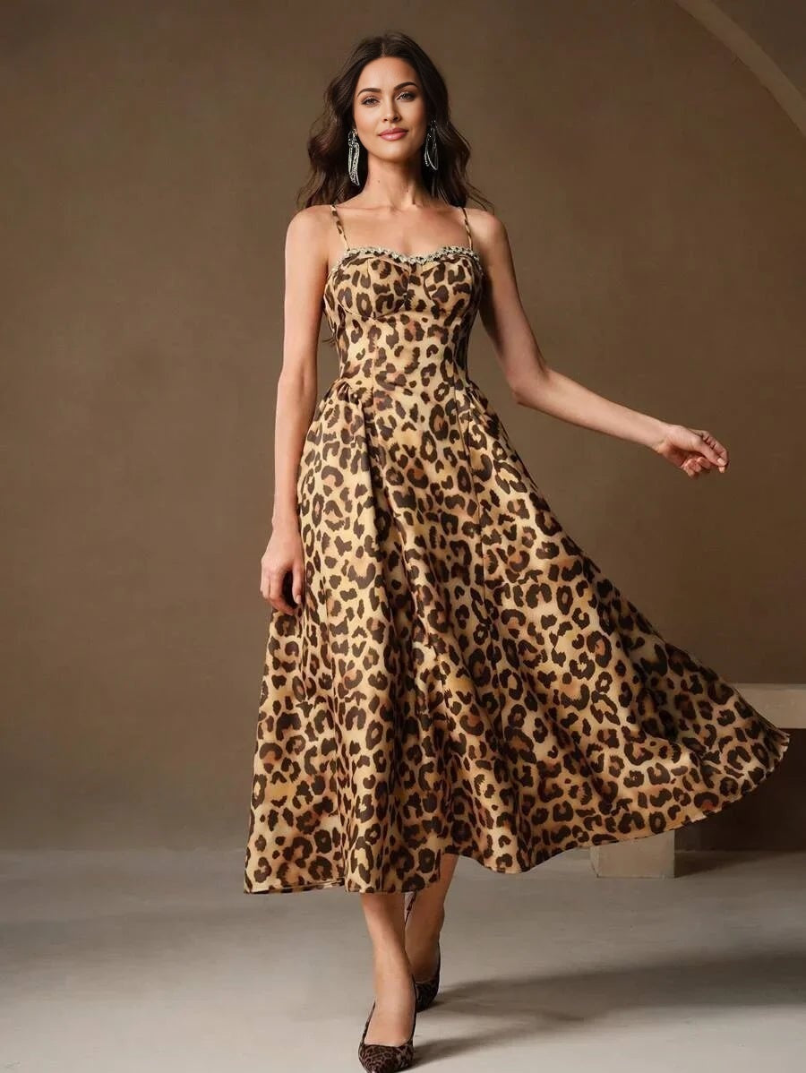 Cinzia Midi Dress - Spaghetti Strap - Flared Hem - High Waist - Elegant Style