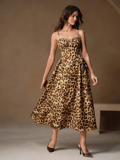 Cinzia Midi Dress - Spaghetti Strap - Flared Hem - High Waist - Elegant Style