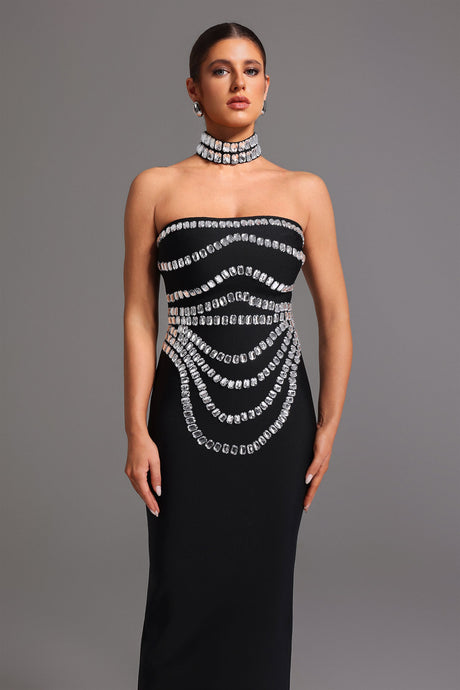 Cinzietta Black Diamond Embellished Sleeveless Strapless Dress