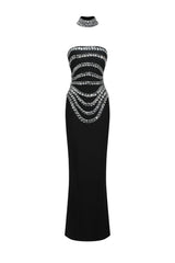 Cinzietta Black Diamond Embellished Strapless Sleeveless Dress