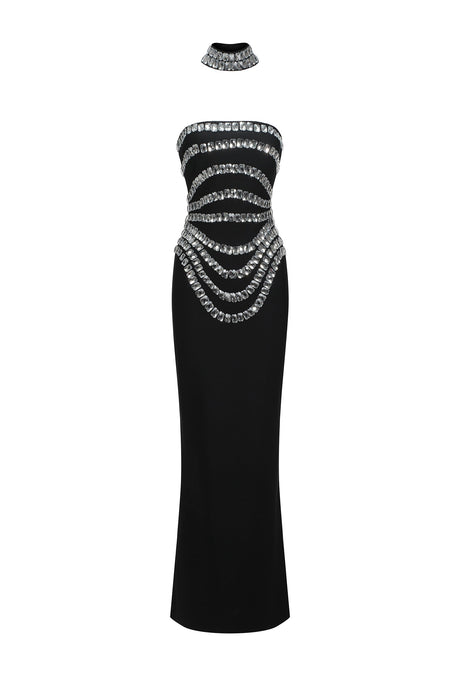 Cinzietta Black Diamond Embellished Strapless Sleeveless Dress