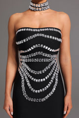Cinzietta Black Sleeveless Strapless Diamond Embellished Fit Feel Dress