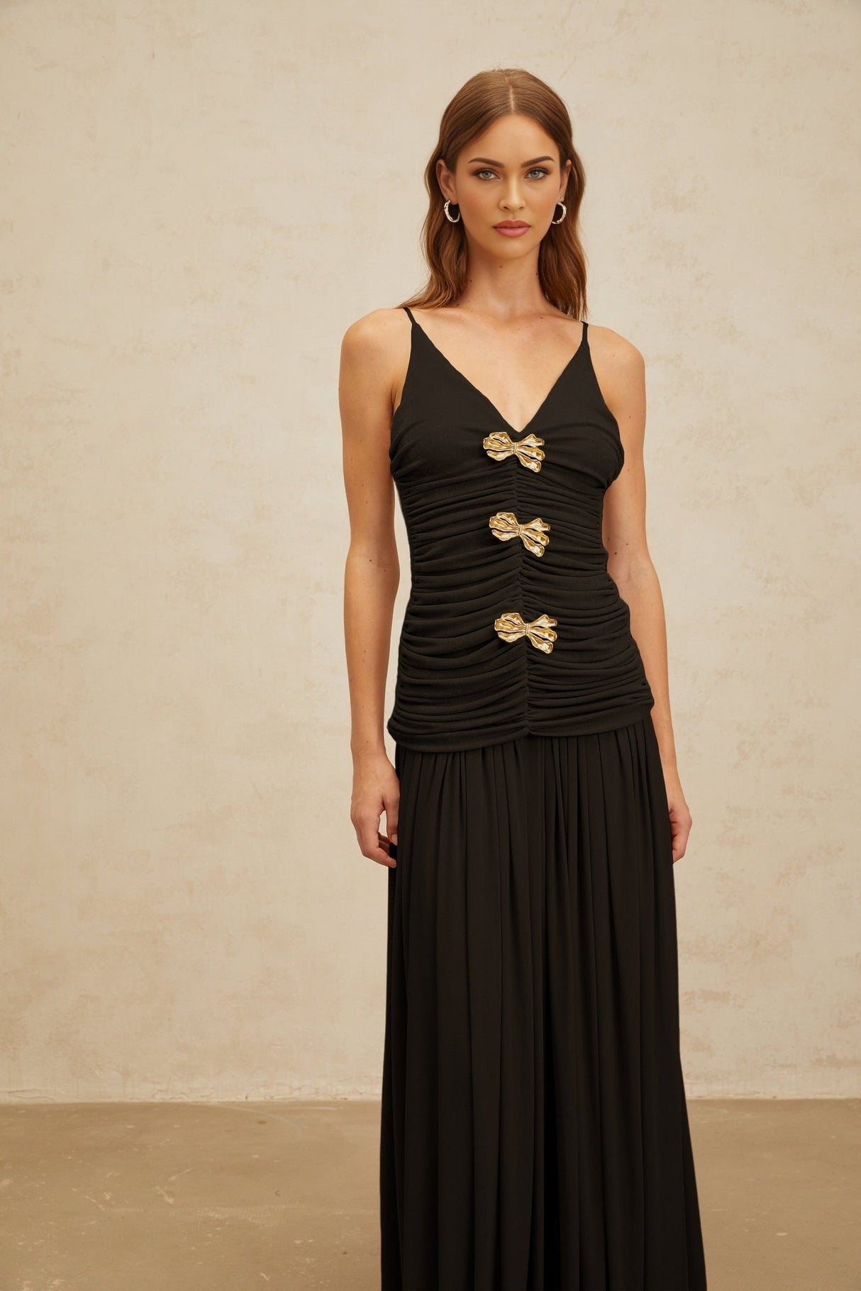 Cinzietta Top & Skirt - V - Neck - Pleated Detailing - Adjustable Straps - Ruched Detailing - Brooch Accent