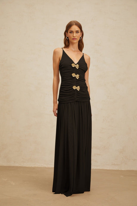 Cinzietta Top & Skirt - V - Neck - Pleated Detailing - Adjustable Straps - Ruched Detailing - Brooch Accent