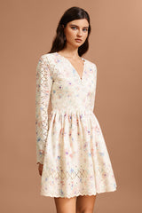 Claire Beige Floral Lace Mini Dress with V-Neckline and Long Sleeves