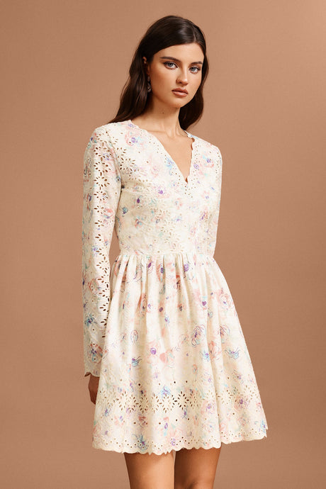 Claire Beige Floral Lace Mini Dress with V-Neckline and Long Sleeves
