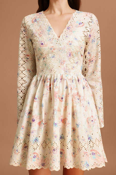 Claire Beige Floral Lace Mini Dress