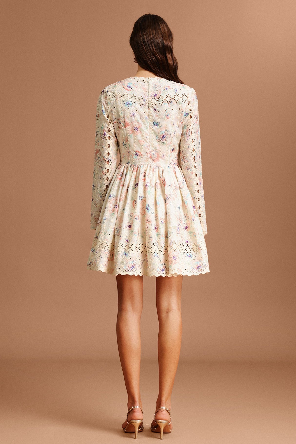 Claire Beige Floral Lace Mini Dress with V-Neckline and Long Sleeves