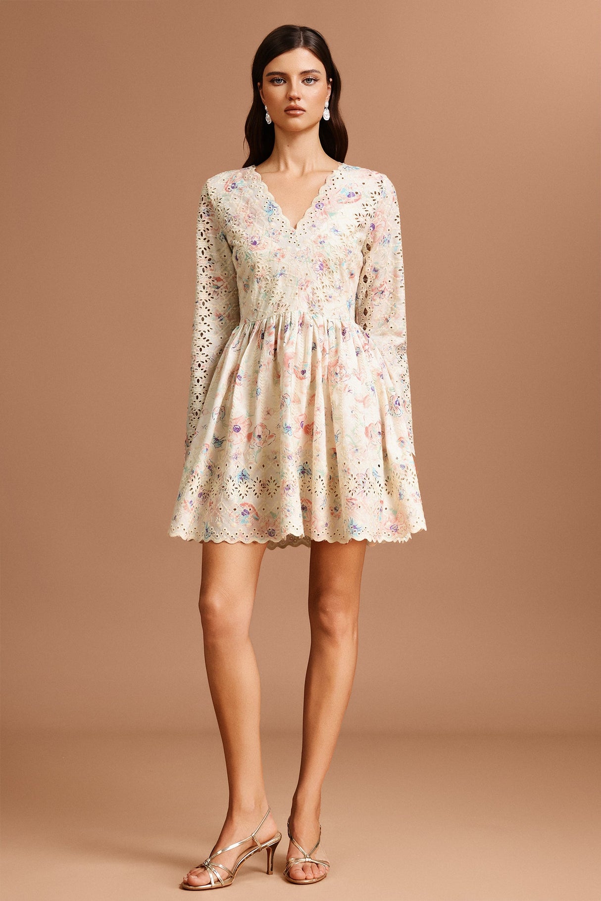 Claire Beige Floral Lace V-Neck Mini Dress